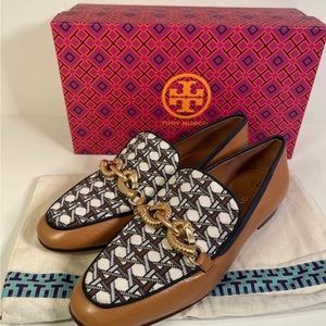 TORY BURCH JESSA  Gold Horsebit Bridle Tan Goat Leather LOAFERS NIB Size 8.5